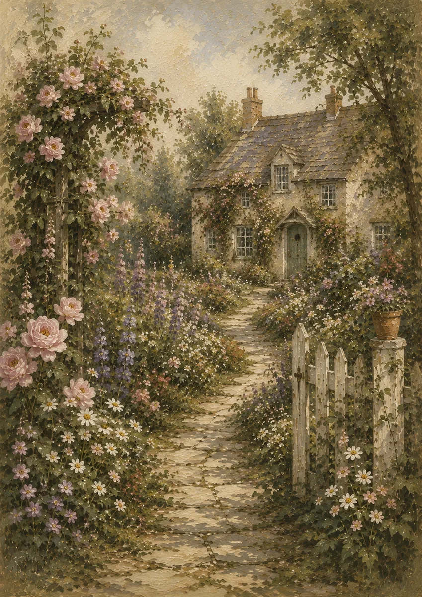 Stone path through a pastel cottage garden with climbing pink roses, daisies, foxgloves, and a white picket fence